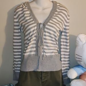 Hooded Gray White Striped Low Cut Sweater